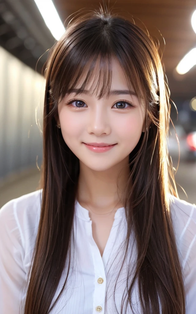Tabletop, Highest quality, shape, Very detailed, High resolution, 8k wallpaper, Perfect dynamic composition, One Japanese woman,Beautiful and beautiful eyes, Cute eyes,Bob Hair,Natural Lip,Leaning forward pose,white dress shirt, ((large shirts)),(see-through nipples:1.1),Downtown at night,Very fine grain definition,(Round face),beautiful girl,17 years old,Realistic,Tiny bangs,Droopy eyes,A shy smile,Brown Hair,Aligned teeth,