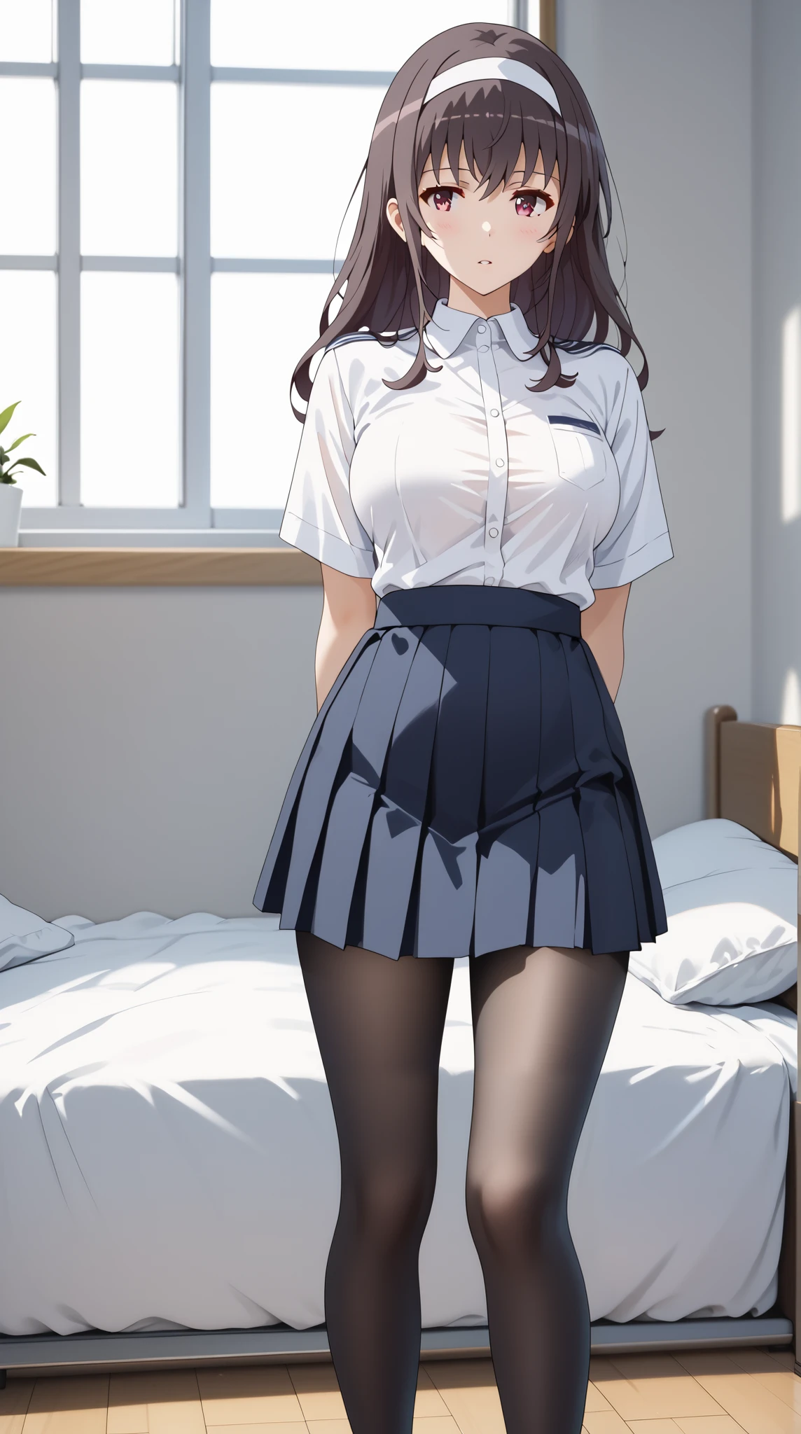 best quality, masterpiece, highres, 1girl,((kasumigaoka utaha))maroon eyes,((fullbody)),shitdown,(( slim body)),long legs,large breast,arms behind back,teacher uniform,white shirt,black hot skirt,stocking ,looking at viewers,front look,(high detailed skin:1.2), 8k uhd, dslr, soft lighting, high quality, Photograph, high resolution, 4k, 8k, Bokeh, plain white background,bed roomLooking at viewer, 