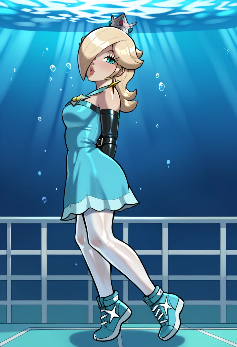 score_9, score_8_up, score_7_up, 1girl, (RslnTnns, hair over one eye, crown, sportwear, bare shoulder, tennis uniform, blue dress, white pantyhose, shoes, lora:Rosalina_XLPD:0.8, tennis, white pantyhose ) , flirt, gaze, sexy look, half-closed eyes, head tilt, makeup, (full bodies in view) expressiveh d4rk01l, perfect hands, perfect proportions, underwater, underwater drown. standing,  belt bondage, bound arms, (arms behind back: 1.4), tight mask, blue mask, tight blue scarf covering her face, OTN gag, (armbinder tied), (armbinder: 1.4), (side view), (sexy pose), (leather mask), complete body. (((lean the chest backwards, side view))), (((head leaning backward))), ((complete body side view)), ((stretched legs)), ((shaft head tilt pose)), ((head leaning back)), (head side view),