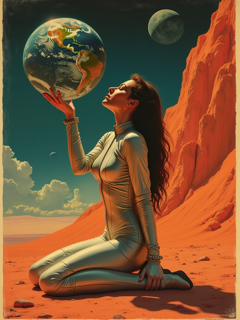 sexy woman looks at the horizon between two wooden posts, holds a planet in her hand, beautiful landscape (art inspired by Bill Sienkiewicz, intricate details, oil painting)