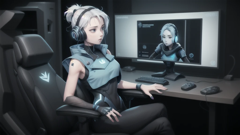 jett \(valorant\), blue cropped jacket, sleeveless, black bodysuit, black pants, 1girl, solo, headset, gaming chair, looking at screen, livestream, dark, glowing, facepalm, hot, big , sexy figure 