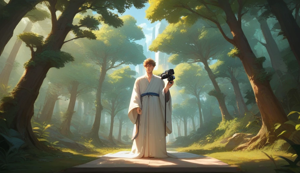 A mysterious figure, the Wanderer(young man), meditates beneath a towering ancient tree in a serene forest. Sunlight filters through the leaves, casting dappled shadows on the forest floor. The Wanderer is cloaked in a long, flowing robe, short hair