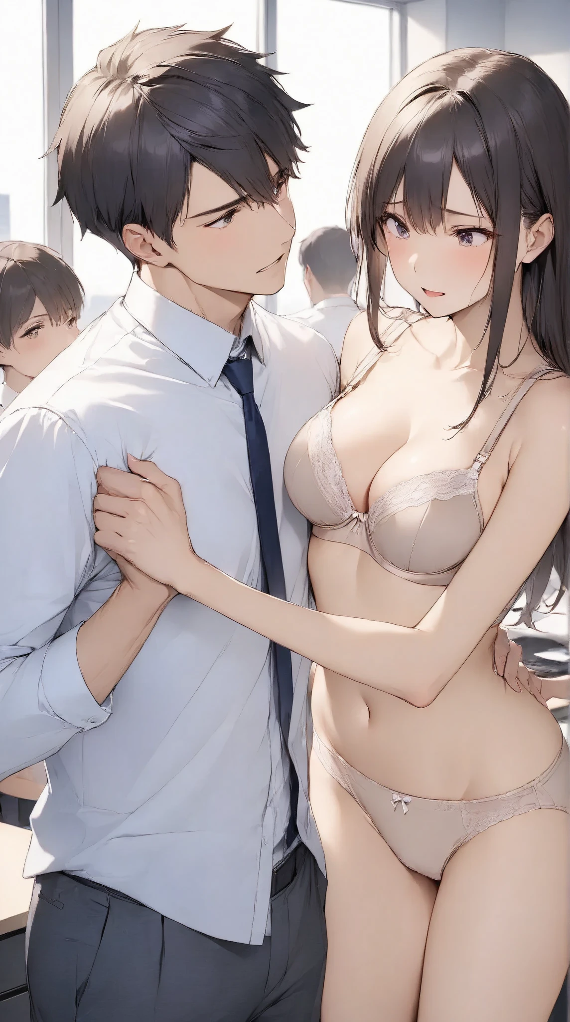 (masterpiece、top-quality、hight resolution), In a dimly lit hotel room, a man sits on the edge of the bed, looking shocked and uncomfortable. Standing in front of him is a woman dressed as an escort, who he quickly recognizes as the delinquent girl who used to bully him in school. Her expression is a mix of surprise and amusement as she realizes who he is. She stands with one hand on her hip and a teasing smile on her face, clearly enjoying his discomfort. The room is simple, with a bed, nightstand, and dim lighting, creating an intimate yet tense atmosphere. The focus is on their facial expressions and body language, highlighting the awkward and unexpected reunion. nsfw
