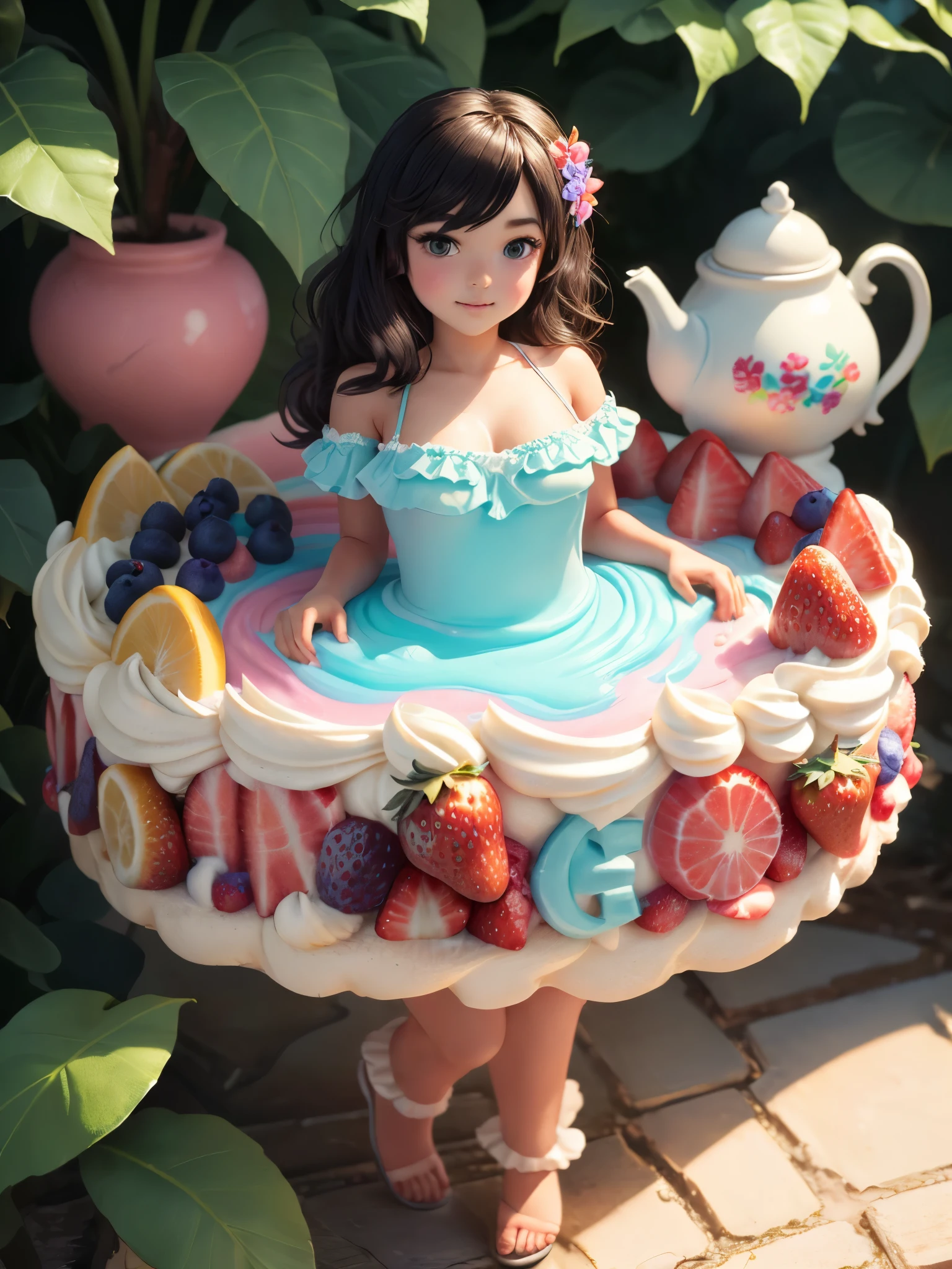 A stunningly realistic illustration of a voluptuous, slender, and attractive woman with big, gorgeous eyes and a soft smile. She wears a fashionable minidress made entirely of mint chocolate chip ice cream, standing in a whimsical Ice Cream Wonderland. The dress shimmers and glistens, adorned with cherry on top and a cherry ice cream cone accessory. The backdrop is a fantastical world of ice cream mountains, swirling clouds, and a sun setting over a beautiful landscape. This 3D render art piece captures the essence of anime with its vibrant colors and unique fashion statement., anime, illustration, 3d render, fashion