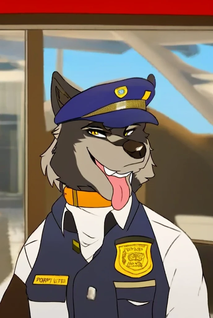 A Super Detailed, anthropomorphic furry wolf, wearing a black police vest, airport security room, Looking at viewer, black leather collar, badge, Smile, Open Mouth, Closed Eyes, Tongue Out, Fang, 