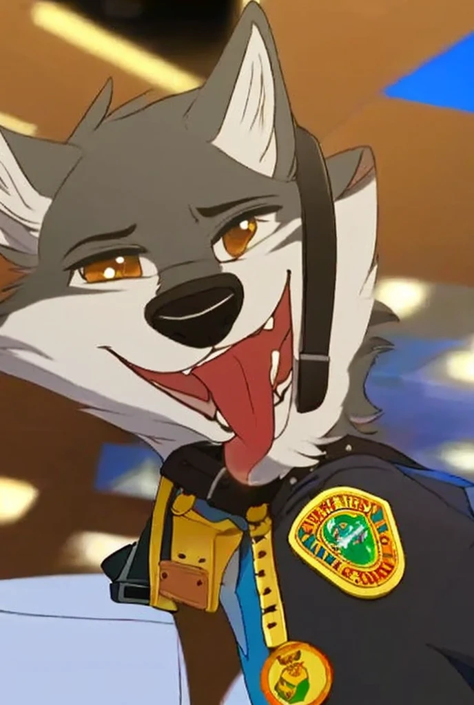 A Super Detailed, anthropomorphic furry wolf, wearing a black police vest, airport security room, Looking at viewer, black leather collar, badge, Smile, Open Mouth, Closed Eyes, Tongue Out, Fang, 