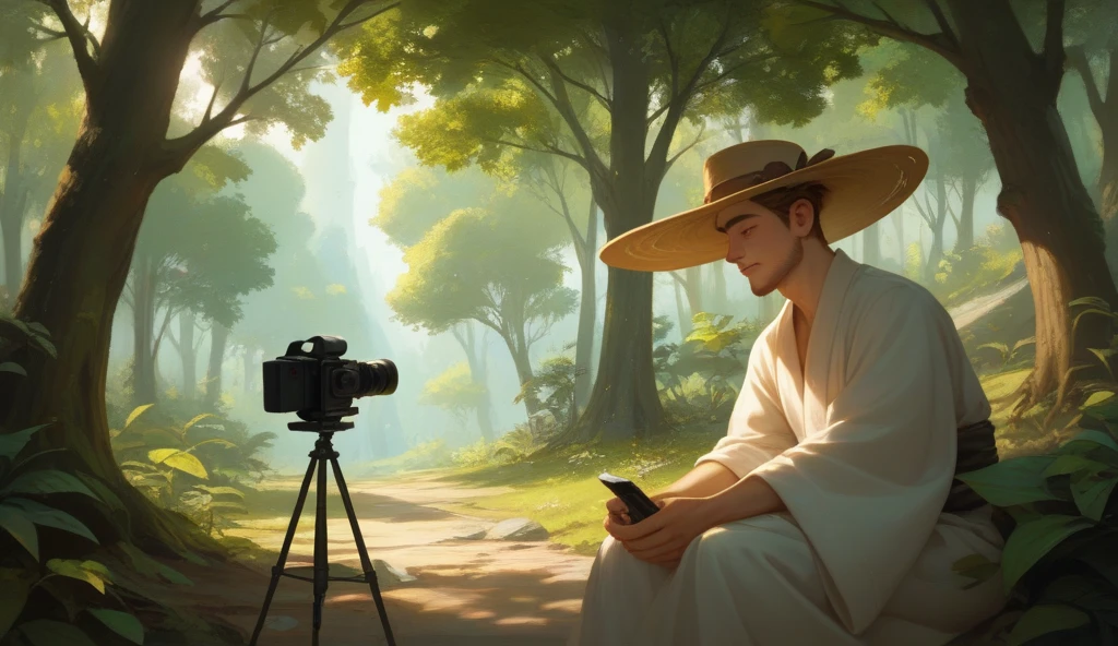 A mysterious figure, young man, meditates beneath a towering ancient tree in a serene forest. Sunlight filters through the leaves, casting dappled shadows on the forest floor. The Wanderer is cloaked in a long, flowing robe, their face partially obscured by a wide-brimmed hat.