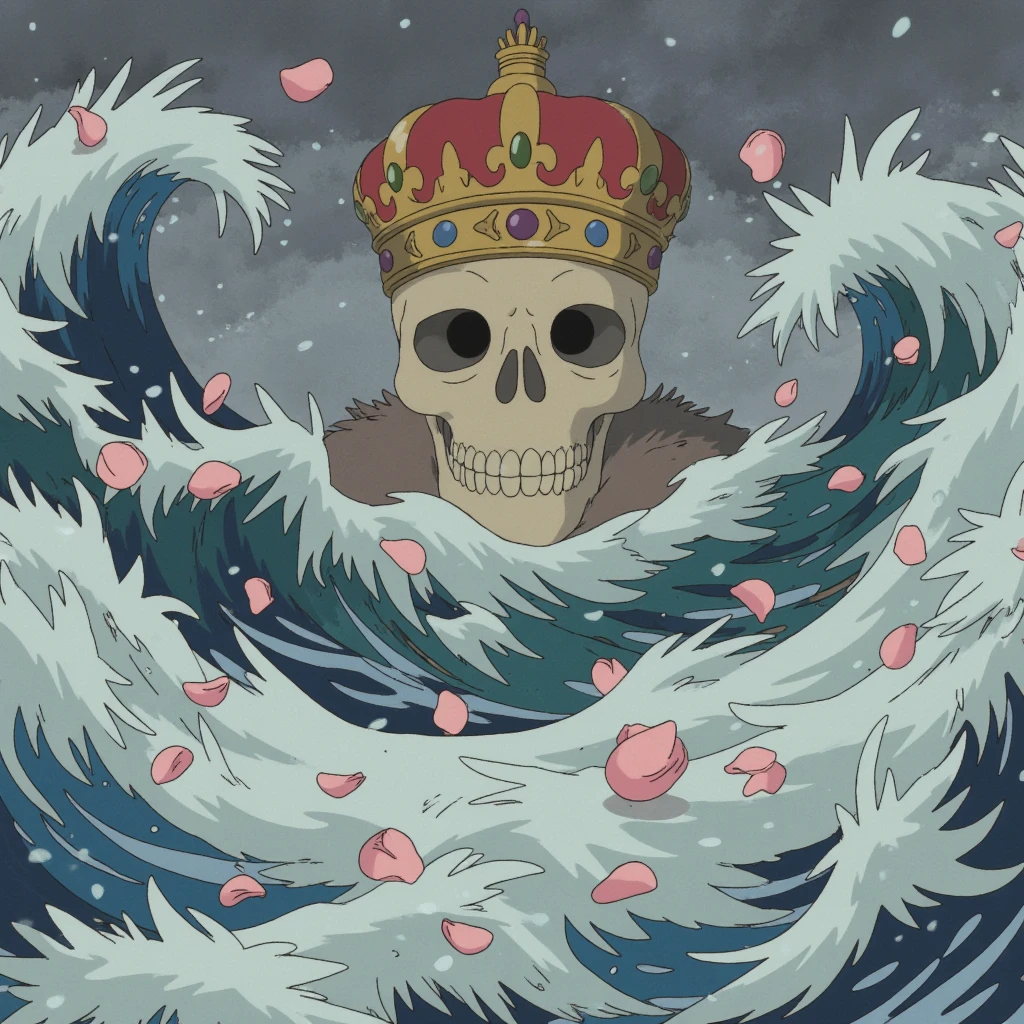 skull with crown in a cold storm with roses winter in Japanese waves