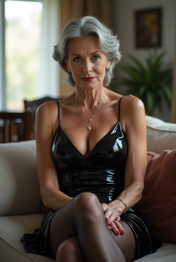 Portrait of a 65 year old woman with gray hair, A seductive gaze, Brown eyes, there are some wrinkles on her face, She is wearing a very sexy black evening dress that reveals her small breasts., Saggy breasts.。, 8k, Detailed Background, Body wrinkles, showing whole body, whole body, sitting on a big leather sofa