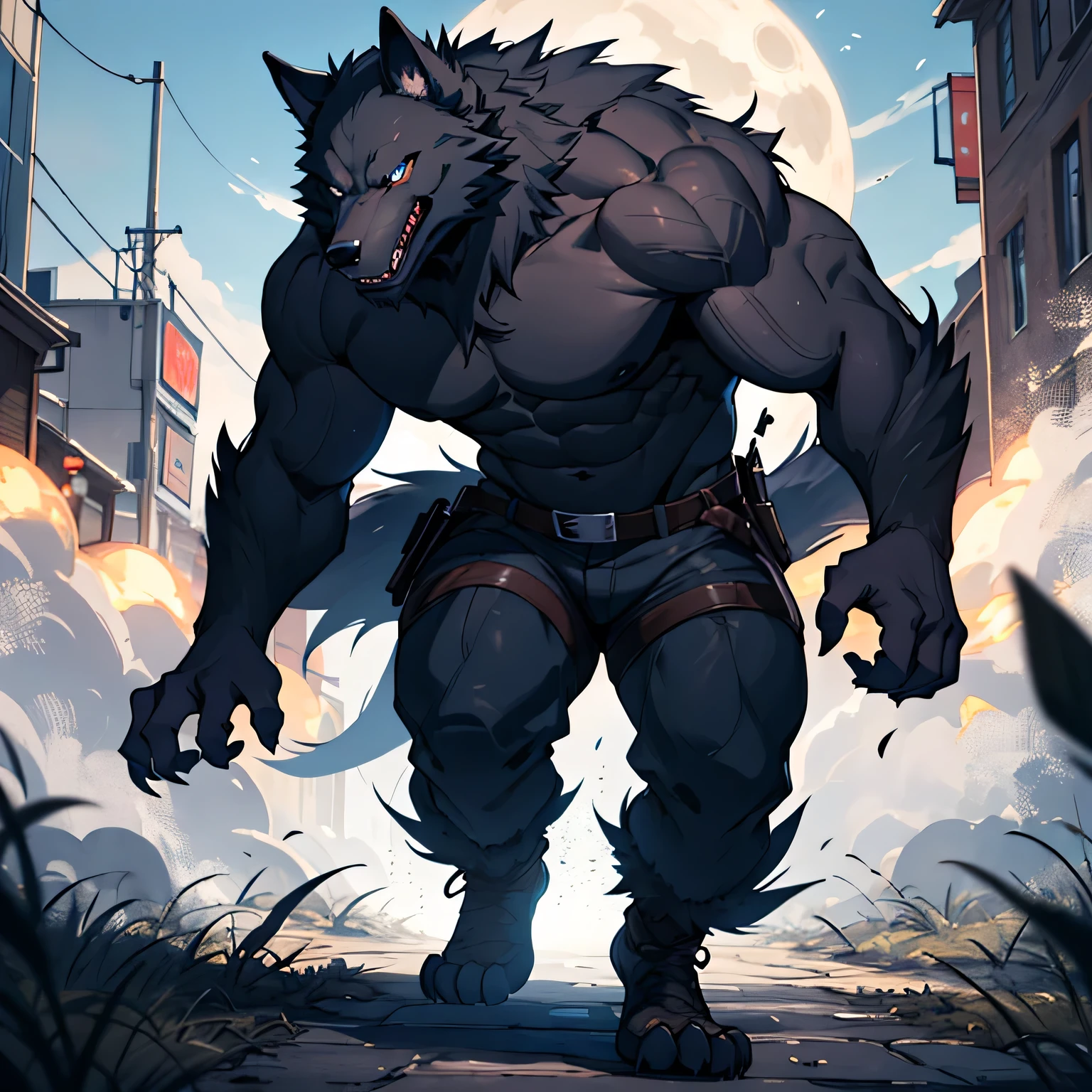 57
A hairy werewolf abandoned on the side of the road at night, muscular, athletic, sentimental, delicate features, bright colors, anime style, realistic, 8k, super detailed, representative, with scars and features. Bright eyes and teeth, tall and handsome, beautiful hair, special color. Tearful, unwilling, ragged, unhappy; Frustrated, crouched on the ground, weeping,sit on the ground, hold your legs. crying, Anime Style,The light is not bright, dirty
