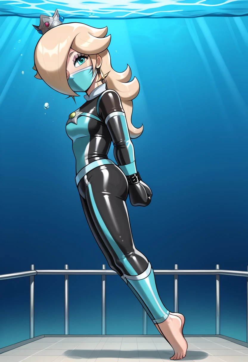 score_9, score_8_up, score_7_up, 1girl, Lora:Rosalina_XLPD:1,  (RslnDS, hair over one eye, crown, bodysuit, wetsuit, DivingSuit) , flirt, gaze, sexy look, half-closed eyes, head tilt, makeup, (full bodies in view) expressiveh d4rk01l, perfect hands, perfect proportions, underwater, underwater drown. standing,  belt bondage, bound arms, (arms behind back: 1.4), tight mask, blue mask, tight blue scarf covering her face, OTN gag, (armbinder tied), (armbinder: 1.4), (front view), (sexy pose), (leather mask), complete body. (((lean the chest backwards, side view))), (((head leaning backward))), ((complete body side view)), ((stretched legs)), ((shaft head tilt pose)), ((head leaning back)), (head side view),