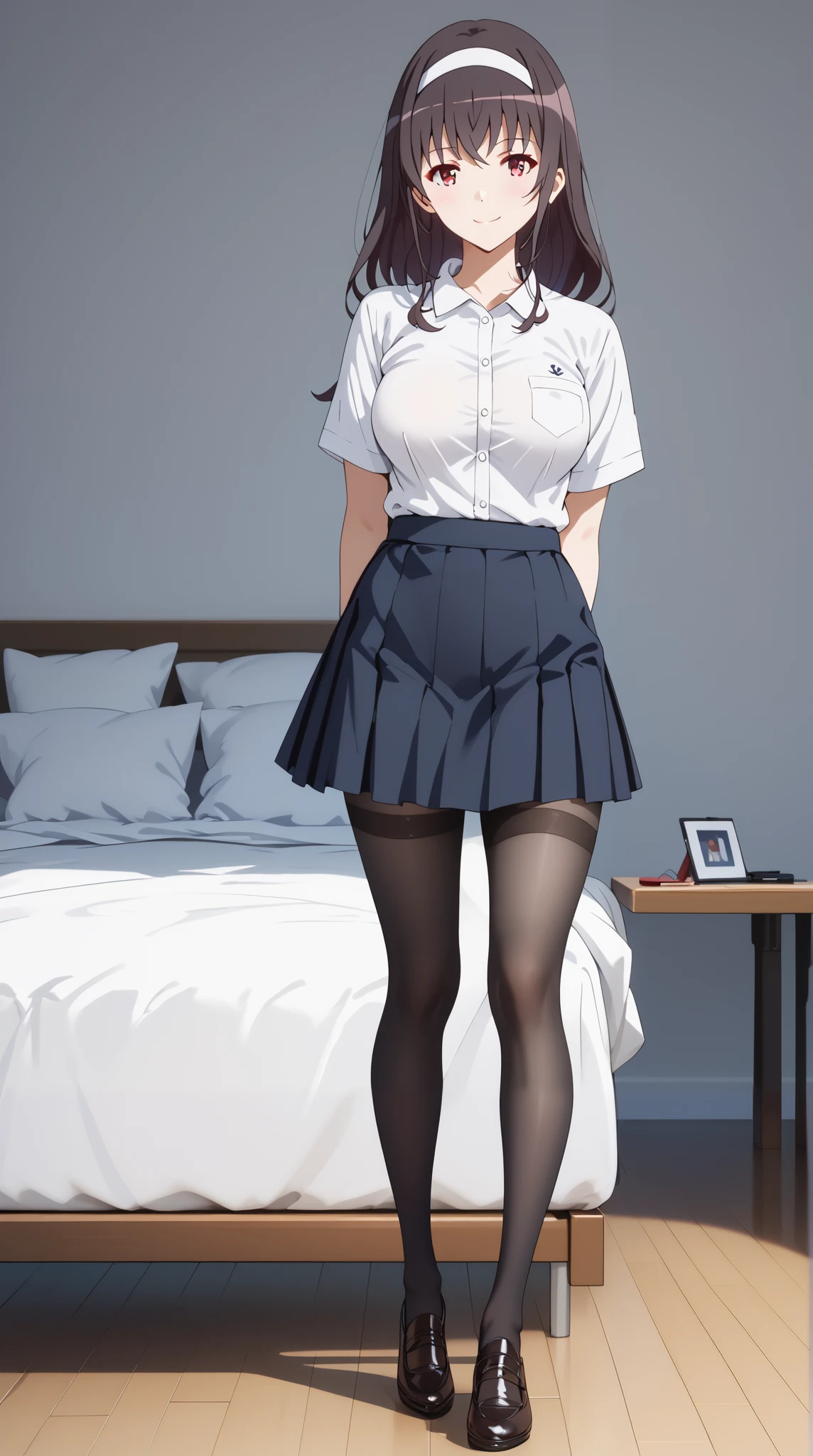 best quality, masterpiece, highres, 1girl,((kasumigaoka utaha)),smile,maroon eyes,((full body)),((stand up)),(( slim body)),long legs,large breast,arms behind back,teacher uniform,white shirt,black hot skirt,stocking ,looking at viewers,front look,(high detailed skin:1.2), 8k uhd, dslr, soft lighting, high quality, Photograph, high resolution, 4k, 8k, Bokeh, plain white background,bed roomLooking at viewer, 