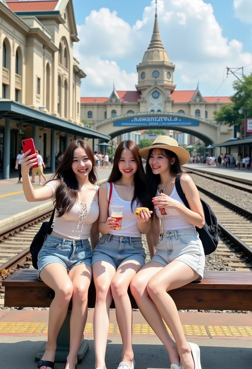 An accidental shot of three fashionably dressed female tourists casually gathering near the train tracks at Bangkok's iconic Hua Lamphong Railway Station. Dressed in shorts, tank tops and shirts, they are comfortable summer wear, with backpacks slung over their shoulders. The warm sunlight filters down on their relaxed positions as they wait for their train, giving them a sense of carefree travel and exploration.Laughter breaks out among the trio as they exchange stories and share snippets of their travel experiences. One of them pulls out her phone, snapping a few playful selfies against the backdrop of the vibrant station. The iconic architecture of Hua Lamphong looms majestically behind them, a blend of historical significance and bustling modernity. Nearby commuters rush by, but the three friends remain a world unto themselves, soaking in the moment.

As the minutes tick by, they take turns pointing out interesting sights and locals weaving through the crowds. A street vendor catches their attention, skillfully frying up crispy spring rolls that fill the air with a mouthwatering aroma. Intrigued, they decide to indulge, sharing the delicious treat amongst themselves, each bite amplifying the thrill of their adventure.

With the anticipation of their train looming, they settle back into their cozy positions, kicking their feet up on the wooden bench as they sip on iced Thai tea from their newly acquired refreshments. The chatter continues, punctuated by intermittent pauses as they take in the lively atmosphere around them—the rhythmic clinking of locomotive wheels, the distant calls for departing trains, and the vibrant bursts of color from the local markets outside the station.

Time slips away effortlessly as they document their journey, immortalizing each moment on their phones. The excitement is palpable, a shared thrill that binds them closer together. As they scan their tickets one last time, the sun begins to dip lower in the sky, casting a warm golden hue