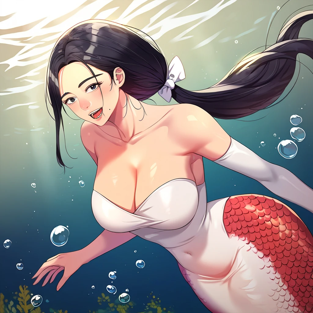 score_9, score_8_up, score_7_up, score_6_up, BREAK, source_anime, 1girl, solo, Jin_Hee_Choi,black eyes, black hair, ponytail, mole under mouth, mature female, curvy, smile, black hair, cleavage, red mermaid, red mermaid tail below waistline, red scales mermaid tail, white long dress, white sleeve dress, underwater, bubble airs, looking at viewer,