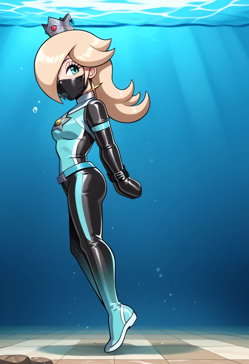 score_9, score_8_up, score_7_up, 1girl, Lora:Rosalina_XLPD:1,  (RslnDS, hair over one eye, crown, bodysuit, wetsuit, DivingSuit) , flirt, gaze, sexy look, half-closed eyes, head tilt, makeup, (full bodies in view) expressiveh d4rk01l, perfect hands, perfect proportions, underwater, underwater drown. standing,  belt bondage, bound arms, (arms behind back: 1.4), tight mask, black mask, tight black scarf covering her face, OTN gag, (armbinder tied), (armbinder: 1.4), (side view), (sexy pose), (leather mask), complete body. (((lean the chest backwards, side view))), (((head leaning backward))), ((complete body side view)), ((stretched legs)), ((shaft head tilt pose)), ((head leaning back)), ((hip tilted back)), (head side view),