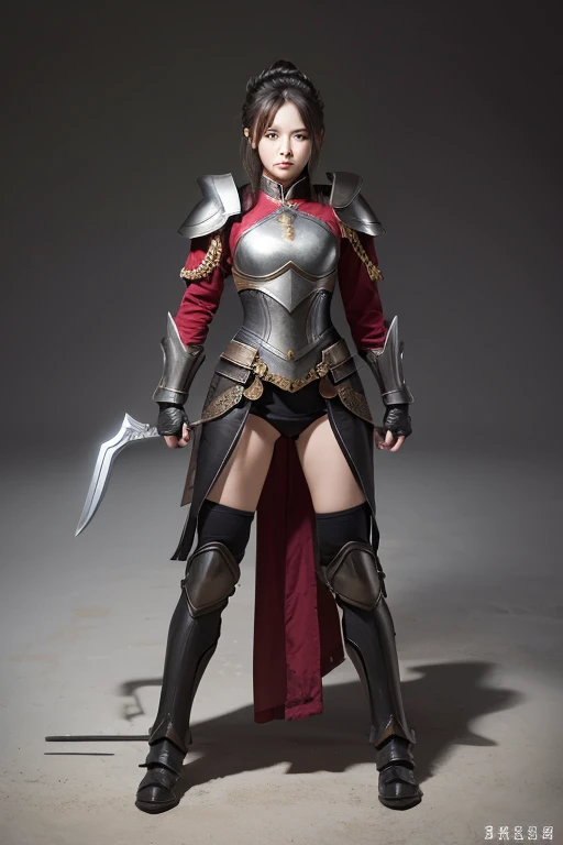 A female warrior in leather armor, standing, full shot, multi angle from cloth , sheet pose