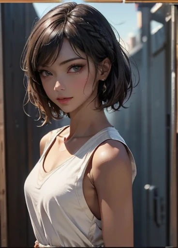 (Ultra High Definition), (ultra high-resolution), (nitidez total), (maximum quality), (cinemactic), (8k), (homeless girl), (alone), ((corpo inteiro)), (Face Ultra Detalhada), (olhos ultra detalhados), (Olhos realistas), ((esguio)), (delicate hands), (Hands ultra detailed), (natural lightting), ((Front view)), ((Seios muito pequenos)), (natural texture pellet), (totalmente realista), ((repetir sempre o mesmo rosto)), (vestindo short e camiseta), ((looking at the camera)),