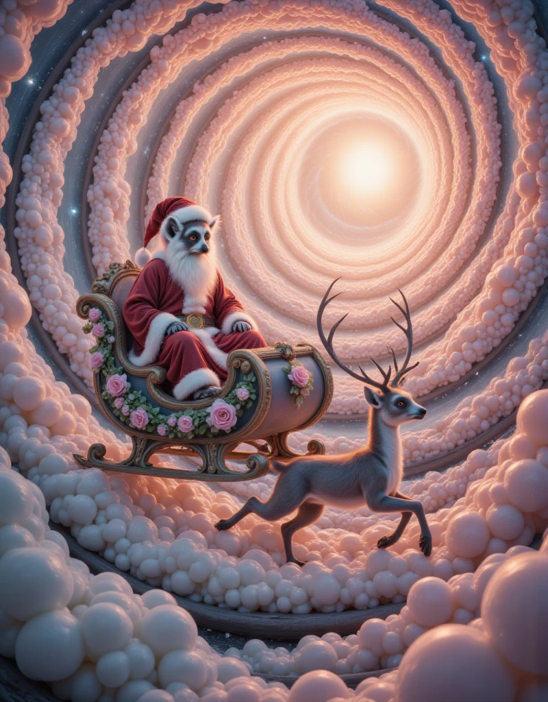 A tiny Lemur as a Santa Claus floating Santa's sleigh is pulled by reindeer, in smooth rose and lotus flowing moon with smooth moonlight gradients, constructed using Flowers Wreaths, landscape, painting by Moebius and Picasso