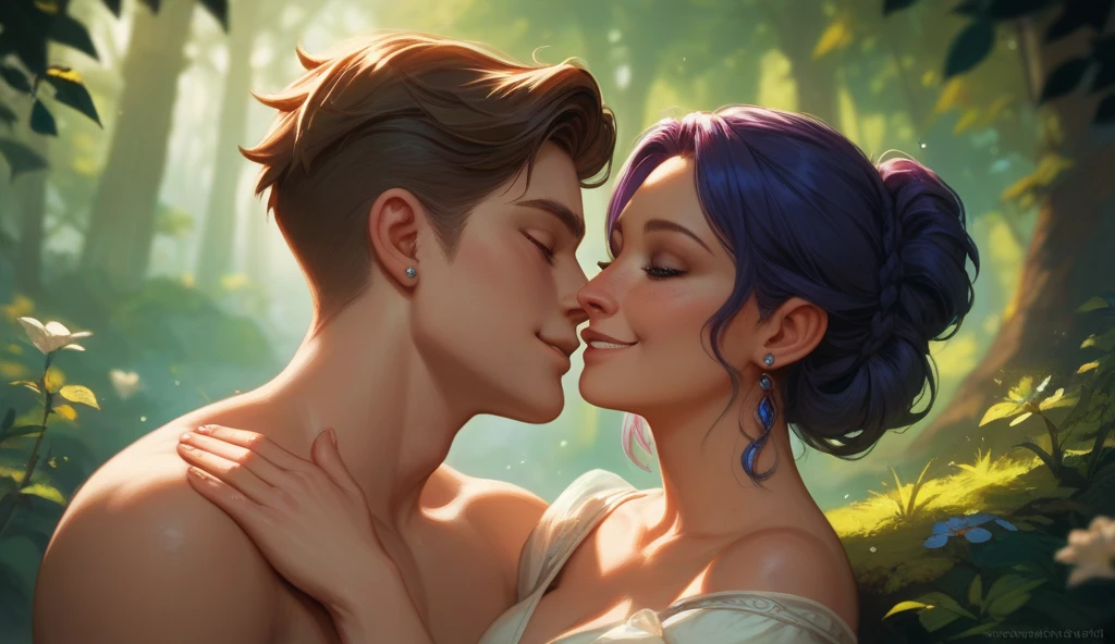 Elara, her eyes filled with doubt, meets the young man in a quiet forest clearing. The Wanderer, with his piercing gaze and serene expression, offers her a comforting smile. She is drawn to his wisdom and tranquility.