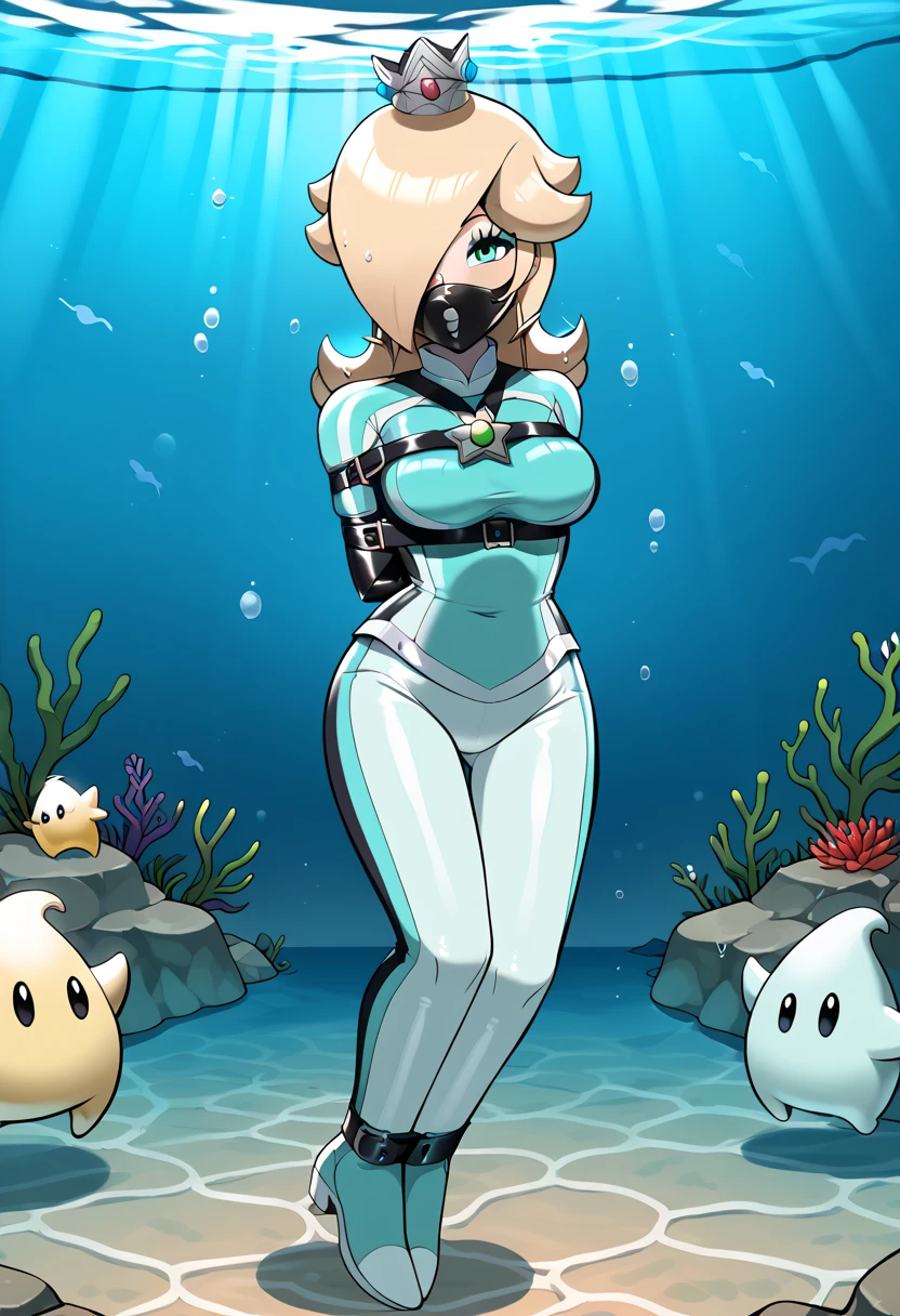 score_9, score_8_up, score_7_up, 1girl, Lora:Rosalina_XLPD:1,  (RslnDS, hair over one eye, crown, bodysuit, wetsuit, DivingSuit) , flirt, gaze, sexy look, half-closed eyes, head tilt, makeup, (full bodies in view) expressiveh d4rk01l, perfect hands, perfect proportions, underwater, underwater drown. standing,  belt bondage, bound arms, (arms behind back: 1.4), tight mask, black mask, tight black scarf covering her face, OTN gag, (armbinder tied), (armbinder: 1.4), (front view), belt shibari.