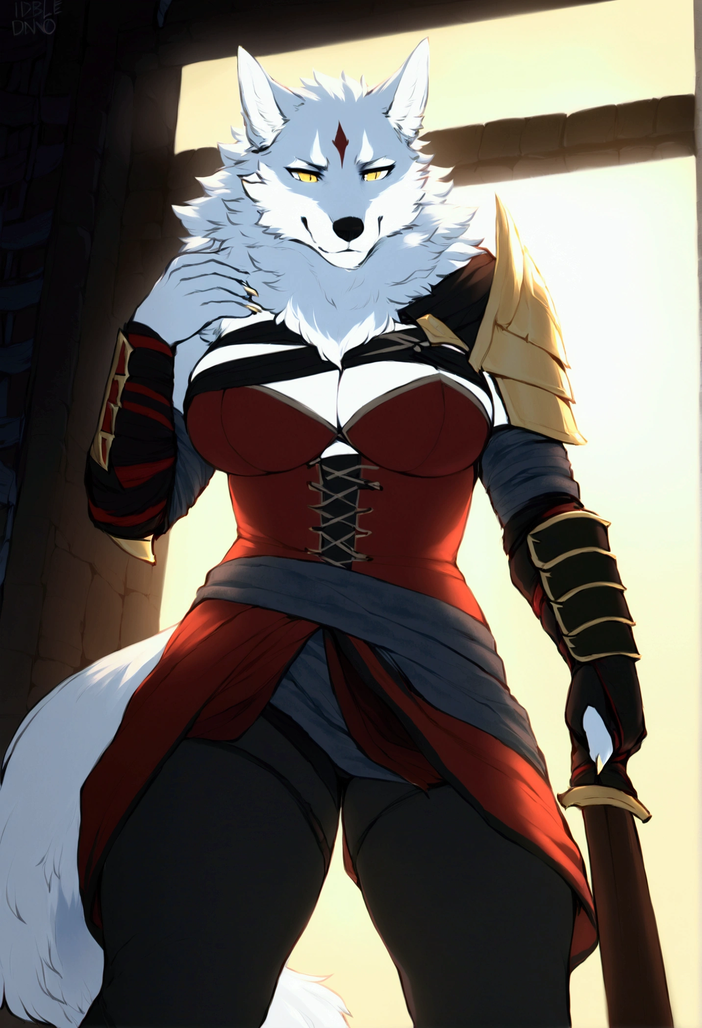 (top quality, best quality, Iriedono, High-quality illustrations, masterpiece, perfect artwork, cinematic light and shading, 16k, 1080p, uploaded on e621)(kemono, furry, anthro, alone), 1 larger female, (very detailed body, face, tail, arms, hands, legs, head and eyes), Assasin’s Creed, wolf, Law, (Sdorica), big breasts, fur, fluffy, wolf ears, wolf fluffy tail, perfect eyes, yellow eyes, black pupils, beautiful Assasin outfit, beautiful Assasin armor, body movement, body twitching, jiggle physics,