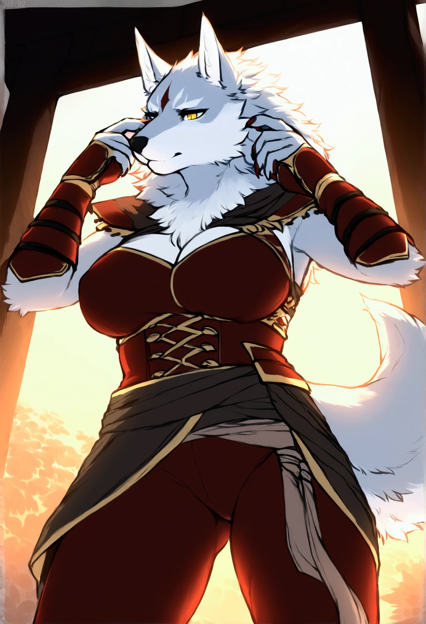 (top quality, best quality, Iriedono, High-quality illustrations, masterpiece, perfect artwork, cinematic light and shading, 16k, 1080p, uploaded on e621)(kemono, furry, anthro, alone), 1 larger female, (very detailed body, face, tail, arms, hands, legs, head and eyes), Assasin’s Creed, wolf, Law, (Sdorica), big breasts, fur, fluffy, wolf ears, wolf fluffy tail, perfect eyes, yellow eyes, black pupils, beautiful Assasin outfit, beautiful Assasin armor, body movement, body twitching, jiggle physics,