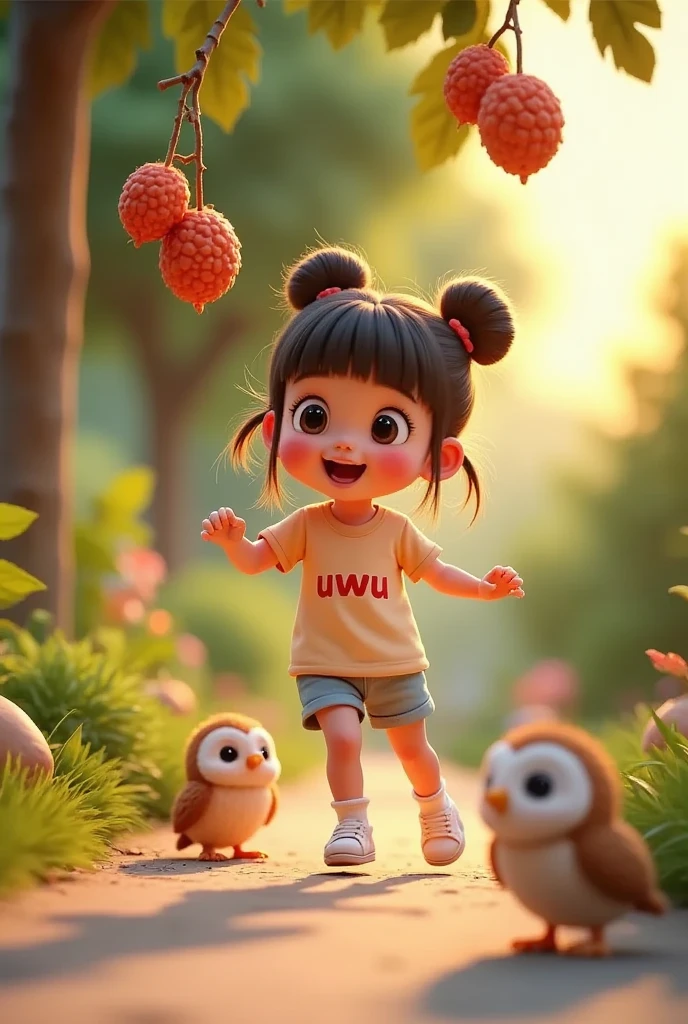 A cute and adorable girl with her hair styled into two high buns and bangs, her shimmering hair strands glowing under the afternoon sunlight. She’s a beautiful with rosy cheeks, wearing a pastel-colored shirt with the word “uwu” printed on the front. She’s joyfully climbing a rambutan tree, her small hands gripping the branches while her feet find steady spots. Her bright eyes are filled with excitement as she reaches for a cluster of ripe red rambutans. The lush green leaves and the sunlight filtering through create a playful and lively atmosphere, perfectly capturing her adventurous and charming spirit.