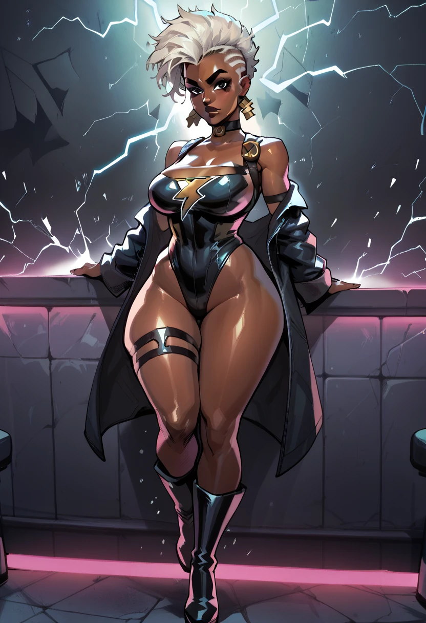 score_9, score_8_up, score_7_up,score_6_up, score_5_up, score_4_up , large breasts, 1girl, solo, Storm from X men, african woman, dark skin. makeup, white hair, wavy mohawk hair thick eyebrows, curvy, blackleotard, choker, thigh boots, skindentation, bar \(place\), neon lights, light particles, looking at viewer,