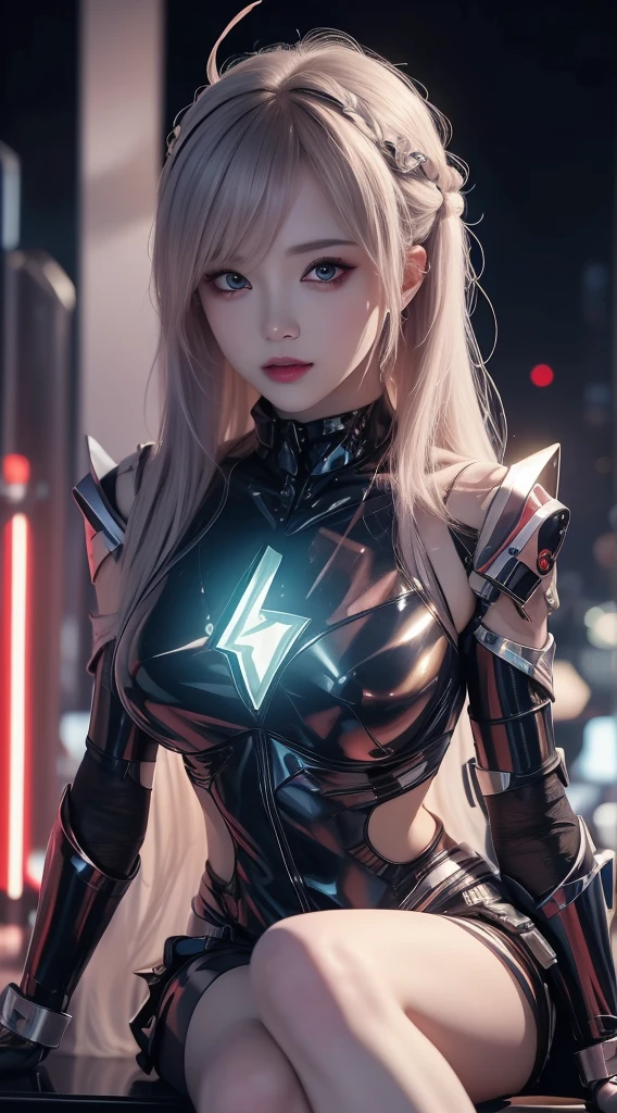 white hair、long fluttering hair、strong breeze、Orange Eyes、radiant eyes、Steampunk Girl、Colossal tits、The face and chest are alive、Cleavage is visible。photoRealstic、portfolio、Evangelion-style metal mecha suit、Combat cyborg、Gothloli details、metalic、detailed mechanical components、Bundle of thin tubes、Metal cylinder、Detailed neon、Fine LED、Fine parts