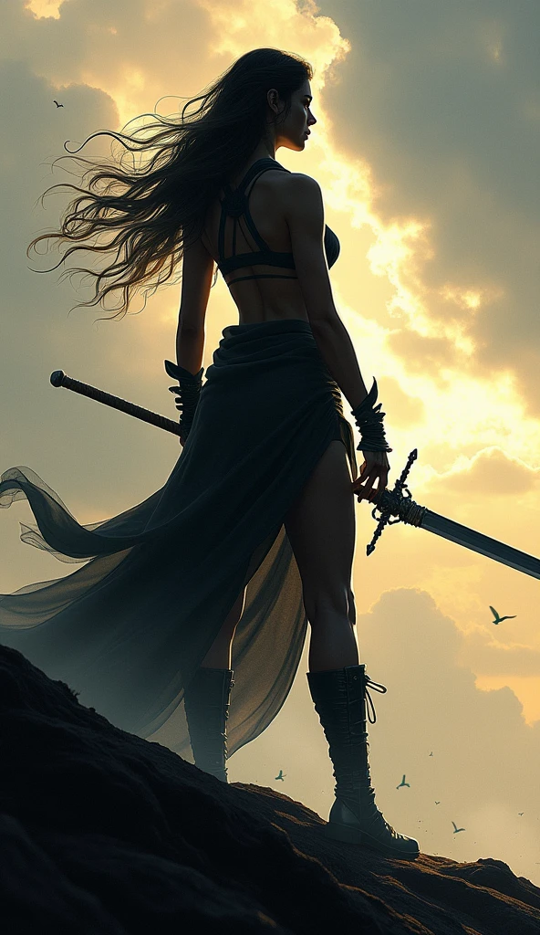A medieval Goddess warrior fighting in the battlefield, dressed in black, laced dress, torn dress, full body, work of malediction and death, The Great One of the Night of Time, stand up and shout. Dominant pose. Realistic hands. Ball of fire in hand. [The character is surrounded by mist, evoking a mysterious and eerie atmosphere. The lighting is dark and atmospheric, with smoke adding a touch of sinister ambiance. Best quality image, HDR enhancement, showcasing the utmost level of detail and realism, full body shot:1.5]. [8K, Best Quality, Ultra High Resolution, (highly detailed CG unity 8k wallpaper), (best photo), cry, (best shadows), isometric 3D, octane rendering, ray tracing, highly detailed, (Best quality, 4K, 8k:1.2), absurdity, ultra detailed, (realistic, photorealistic, photorealistic:1.37), complex parts, HDR, (complex parts:1.12), (hyper detailed, hyper realistic, Soft lighting, spicy:1.2), (complex parts, Hyper detailed:1.15). Blurred foreground. (backlit), masterpiece, high quality, brightness, chromatic aberration, foggy smoke, shadows, contrast, clear sky, (warm hue, warm tone), high details, natural reflections]. (YES SFW)