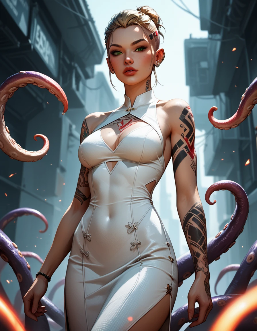 <lora:Mythology_Medusa:0.7> <lora:hairstyle-long_braid:0.7> <lora:epi_noiseoffset2:1> <lora:more_details:1> (long hair braid, braided snakes, masterpiece, best quality, high quality, intricate, award winning) In a (neon-lit:1.4) cyberpunk city, on a (rainsoaked:1.2) street, Medusa is an icon of futuristic fashion, blending bioengineered fabrics and holographic iridescent scales, (purple neon, blue neon:1.2), very long hair, reptile eyes, neon purple, neon blue, metropolis, (cinematic lighting, futuristic background:1.2), cowboy shot
