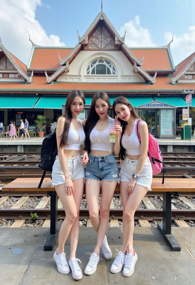 An accidental shot of three fashionably dressed female tourists casually gathering near the train tracks at Bangkok's iconic Hua Lamphong Railway Station. Dressed in shorts, tank tops and shirts, they are comfortable summer wear, with backpacks slung over their shoulders. The warm sunlight filters down on their relaxed positions as they wait for their train, giving them a sense of carefree travel and exploration.Laughter breaks out among the trio as they exchange stories and share snippets of their travel experiences. One of them pulls out her phone, snapping a few playful selfies against the backdrop of the vibrant station. The iconic architecture of Hua Lamphong looms majestically behind them, a blend of historical significance and bustling modernity. Nearby commuters rush by, but the three friends remain a world unto themselves, soaking in the moment. As the minutes tick by, they take turns pointing out interesting sights and locals weaving through the crowds. A street vendor catches their attention, skillfully frying up crispy spring rolls that fill the air with a mouthwatering aroma. Intrigued, they decide to indulge, sharing the delicious treat amongst themselves, each bite amplifying the thrill of their adventure. With the anticipation of their train looming, they settle back into their cozy positions, kicking their feet up on the wooden bench as they sip on iced Thai tea from their newly acquired refreshments. The chatter continues, punctuated by intermittent pauses as they take in the lively atmosphere around them—the rhythmic clinking of locomotive wheels, the distant calls for departing trains, and the vibrant bursts of color from the local markets outside the station. Time slips away effortlessly as they document their journey, immortalizing each moment on their phones. The excitement is palpable, a shared thrill that binds them closer together. As they scan their tickets one last time, the sun begins to dip lower in the sky, casting a warm golden hue