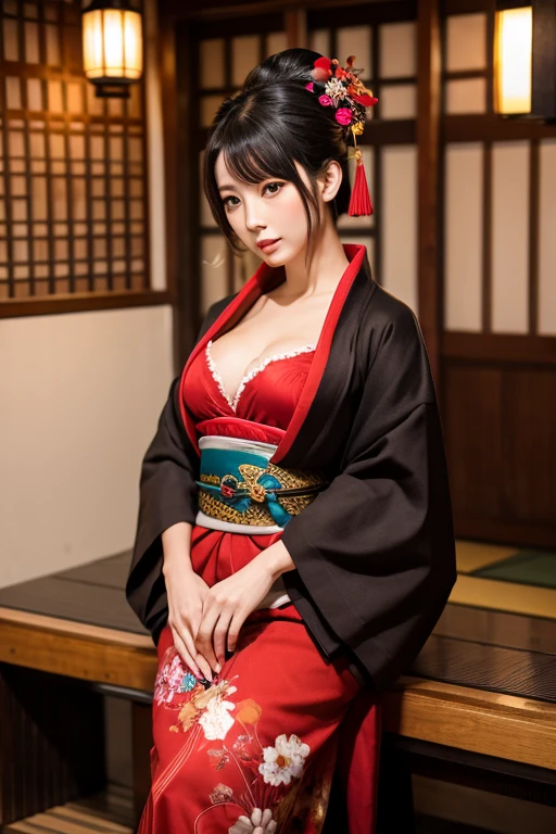 ((Highest quality)), ((masterpiece)), (detailed), One person, sexy,Red kimono、Temple、Black hair、Breeze、Bat
