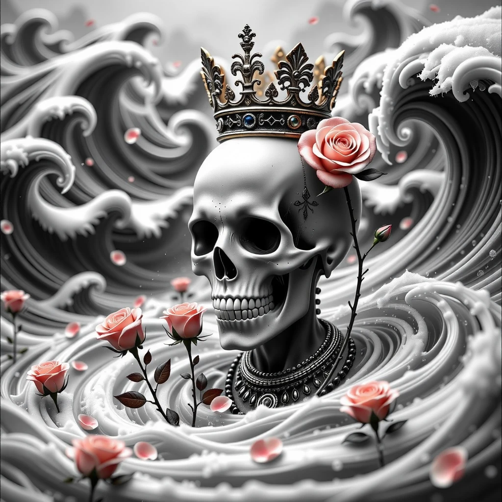 skull with crown in a cold storm with roses winter in Japanese waves