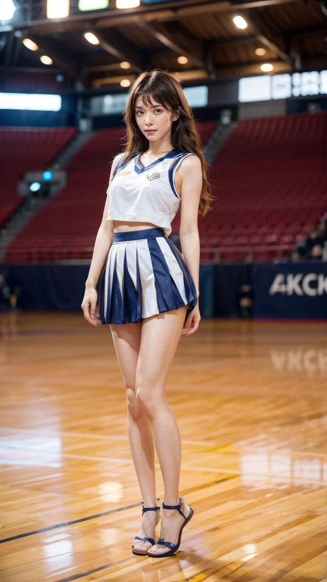 （8K分辨率，Full body photo in the distance，photorealestic，Wallpapers），（1 female，18yr old，（Facial features of Sakai spring water：1.8，Bones thin face，s delicate face），com rosto detalhado，（Light makeup），Beautiful face，com rosto detalhado，详细的脸，Ultra-fine makeup，Black colored eyes，Short shawl hair curled inward，（Windswept hair，Messy has layers），Redlip，Fair smooth skin，（Best Skin Type：1.21），mediuml breasts，（cheering party，Fitted sailor suit，high school school uniforms，（（Red bow on chest））），Tall and tall，perfect hand，Perfect posture，Ultra-fine clothing material），（basketball playground，Exquisite arena details，（Faraway view，Cheerleaders，There were a lot of spectators in the audience，Teammates of the cheerleaders）），（expressioness：excited，exhilarated，confident smile，Rejoice），（Various basketball court lighting assistance，profesional lighting，动态照明），（Color contrast，subtle sensuality，vivaciousness，rays of sunshine（white colors，greys，blue colors）），（Golden section，Cinema lenses，Hasselblad photograp，tmasterpiece：1.3），（adolable，rays of sunshine，vivaciousness，cheering party，Sporty style，Artis，Official propaganda）