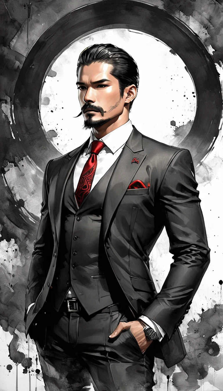 Neo-noir futuristic art style, waist-up, low angle shot, symmetrical shot, a semi-realistic anime-style of man of power. Aged 25. Black hair neatly slicked-back, parted left, with slight volume on top, showing a clean line. Warm brown skin, exuding Javanese ethnicity. Aged 25, with a short, well-trimmed mustache and goatee, no beard on the jawline. Sharp, almond-shaped eyes, ((red)) irises, intense and focused. Thick eyebrows, straight nose, well-defined jawline, neutral thin lips, firm expression. Wearing a modern tailored black suit. The inner vest features a combination of black and red with traditional Indonesian motifs. A red tie with black indonesian motifs. A black inner shirt. Clean background. Black and red, anime style, Javanese theme, hyperdetailed, ultra quality, 4k, intricate lighting, chiaroscuro, ink spots, drawing stroke, perfect drawing lines.