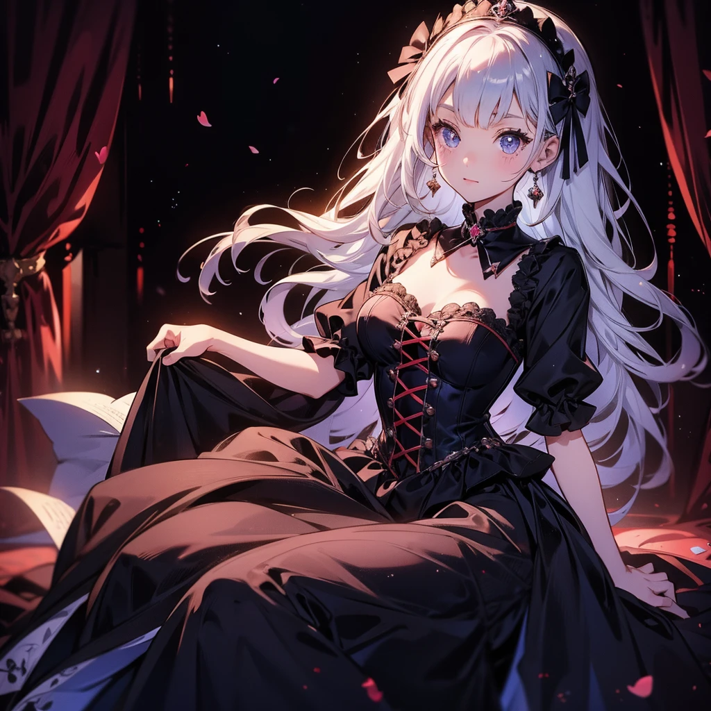 ((highest quality)),(Ultra-high resolution),(Very detailed),(Detailed Description),((The best CG)),(A masterpiece),Ultra-detailed art,Amazing drawing art,(Art with precise detail:1.5), (Female Devil:1.6),(Beautiful and well-proportioned face:1.5),smile:1.4,(Sharp, pointed canines:1.5),(A gothic dress with intricate and beautiful embroidery.:1.8),Black pearl:1.6, (A dark, flickering light:1.6),(Immoral and luxurious bed:1.5)