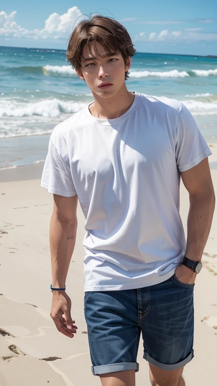 独奏: 1.5, (As a matter of fact, Masterpiece, 8k HD, good light quality, sportswear, fit the face, complicated details), A handsome Korean young man with muscular arms. , 20 years old, be happy, smile brightly, detailed face, delicate eyes, look at the sky, Wear a tight white t-shirt.:1.6, Long pants, period, black eyes, Black hair color, ผมsmooth, smooth, outdoor sports, By the sea, nighttime,Surreal,Awesome details,Highest quality,real,Open your mouth to talk. , Close your eyes.,Standing on the edge of the market