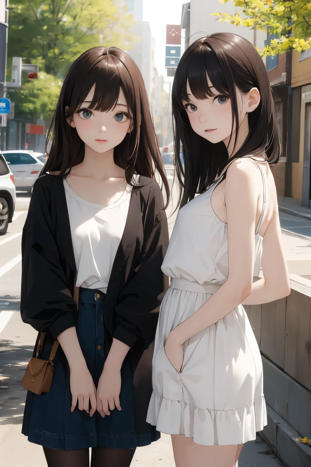 Two young women standing next to each other on a city street - SeaArt AI