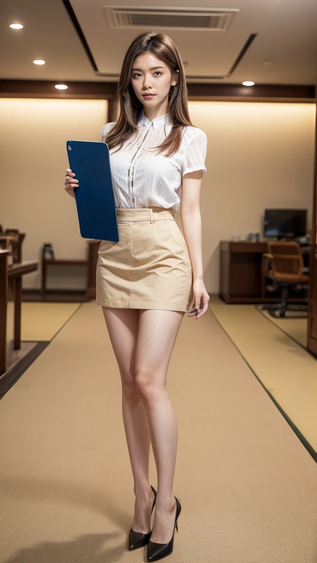 a beautiful detailed Japanese woman, 24 years old, with healthy thighs, beautiful legs, beautiful skin, random hair color and hairstyle, large breasts, female secretary, wearing a miniskirt, (she is standing:1.2), full body shot, high heels, holding a notebook in one hand, (best quality,8k, masterpiece:1.3), (extremely detailed:1.2), perfect anatomy