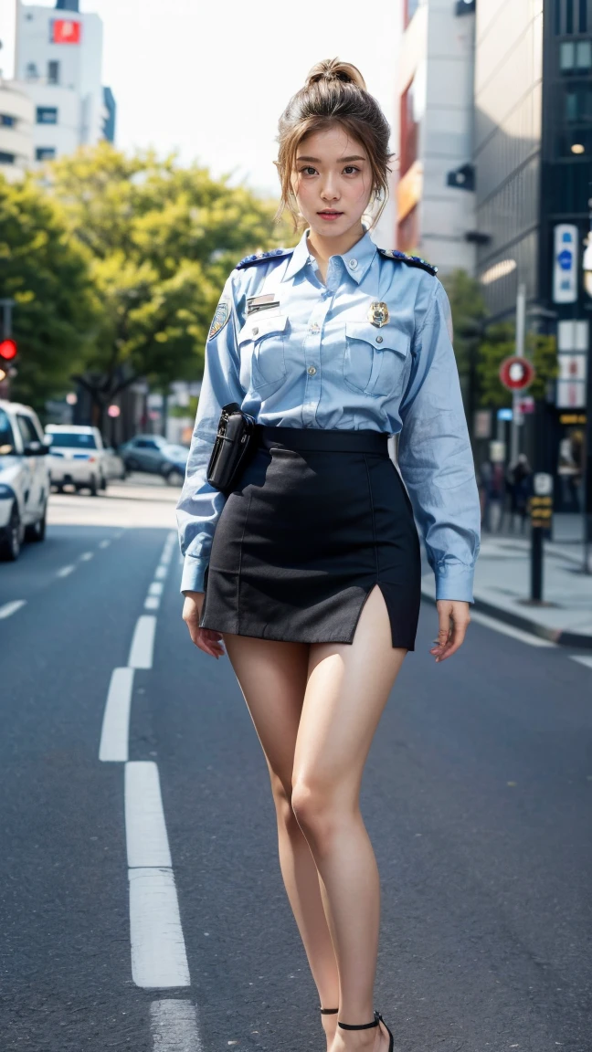 beautiful Japanese woman, 22 years old, perfect anatomy, healthy thighs, beautiful legs, beautiful skin, random hair color, random hairstyle, large breasts, female police officer, (Japanese police uniform:1.3), (miniskirt:1.3), (she is standing:1.2), full body shot, high heels, city street, (best quality, 4k, 8k, highres, masterpiece:1.3), (extremely detailed:1.2)