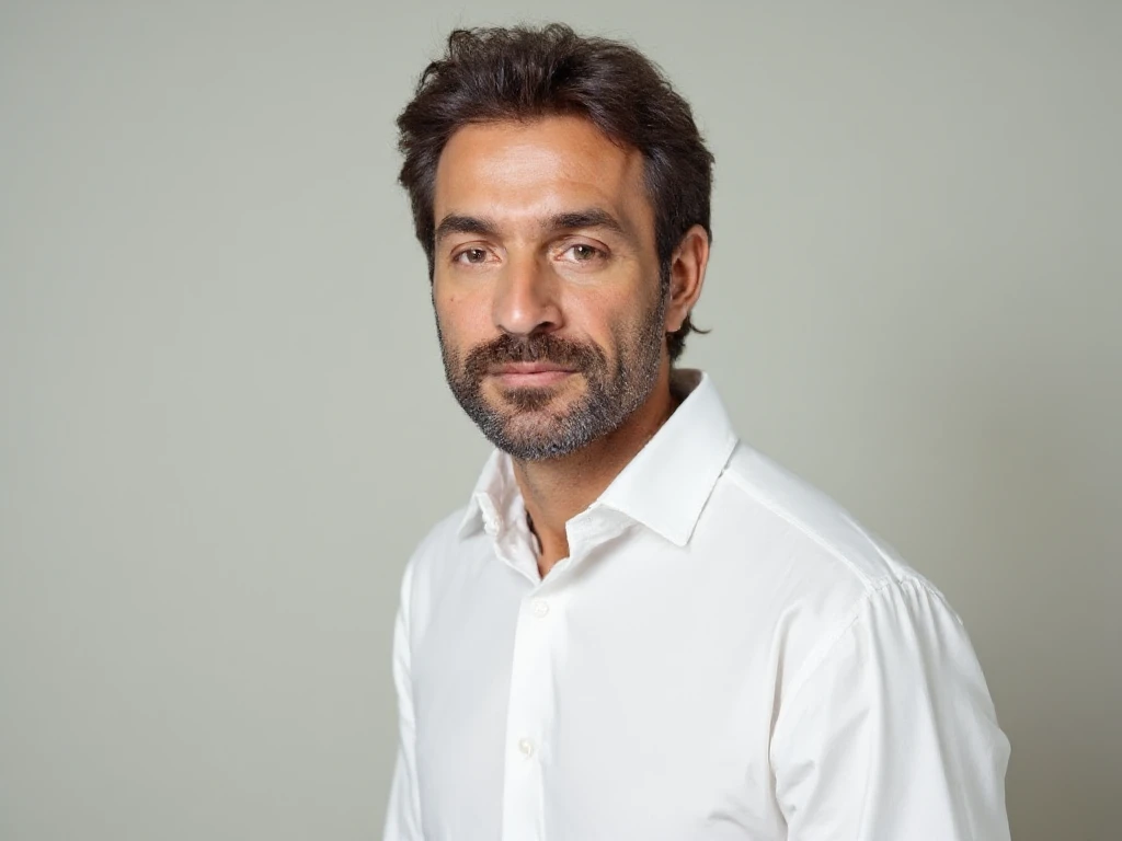 A charismatic 37-year-old man with a calm and confident aura, shown in a half-body portrait. He is wearing a white shirt with sleeves rolled up to the elbows, with neatly styled, slightly wavy hair and a well-groomed short beard. The background is a solid color, such as light gray or beige, resembling a professional studio setup. The lighting is soft and even, emphasizing his mature and charismatic personality