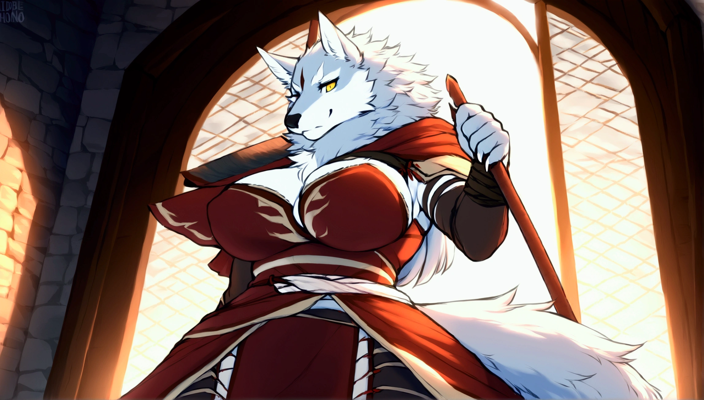 (top quality, best quality, Iriedono, High-quality illustrations, masterpiece, perfect artwork, cinematic light and shading, 16k, 1080p, uploaded on e621)(kemono, furry, anthro, alone), 1 larger female, (very detailed body, face, tail, arms, hands, legs, head and eyes), Assasin’s Creed, wolf, Law, (Sdorica), big breasts, fur, fluffy, wolf ears, wolf fluffy tail, perfect eyes, yellow eyes, black pupils, beautiful Assasin outfit, beautiful Assasin armor, body movement, body twitching, jiggle physics,