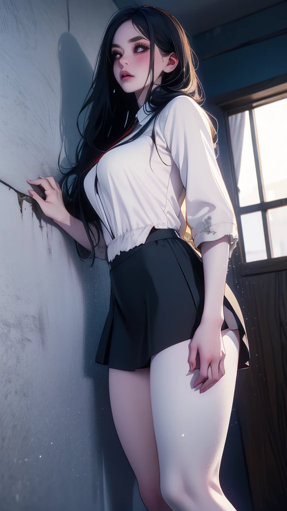 masterpiece, top quality, night, modern city, street, cold expression, expressionless face, long black hair, light pink lips, calm, triple band, sky blue pupils, maid, facial details, correct limbs, golden ratio, (NSFW:1.0), 1 girl, protruding crotch with saliva at the corners of the mouth, wearing a one-piece underwear, kneeling on the ground, opening her thighs to reveal red panties, tightening her through the panties, revealing a painful expression, blushing, crying. 1 little boy, holding a camera to video videotaps a girl.