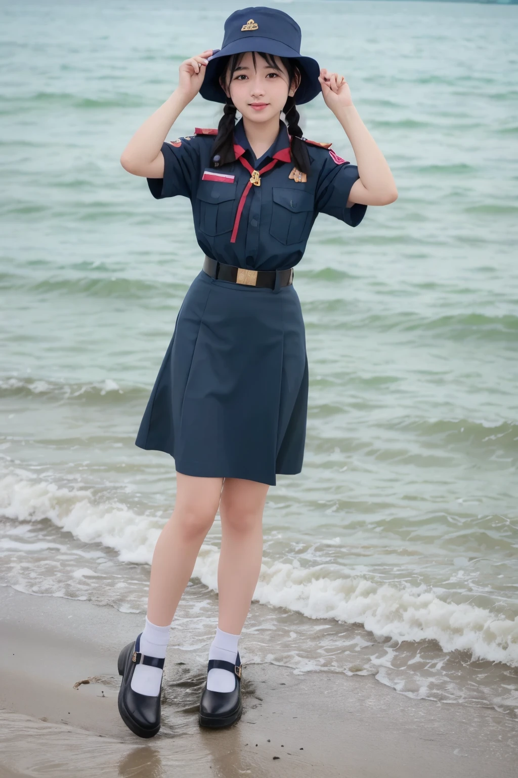 Girl, navy blue thai_girlscout_uniform, navy blue girl scout hat, at the sea, navy blue skirt, looks thai and vietnamese nationality. 