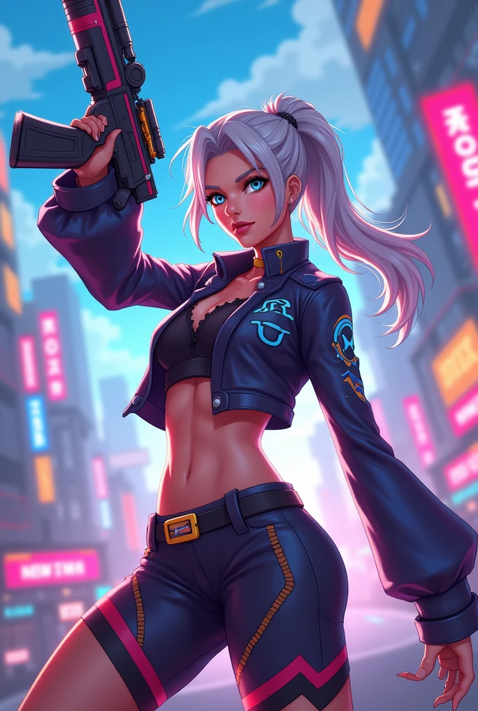 A woman in a black outfit with a gun in her hands