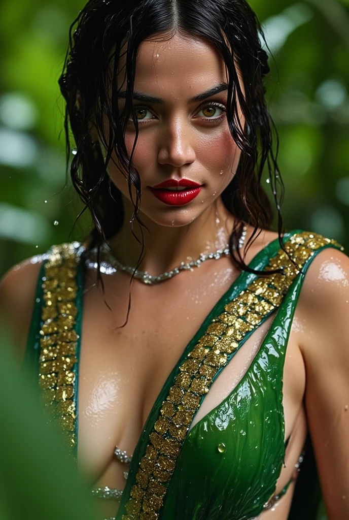 Red lips nose ring wearing hot green saree bathing wetted 