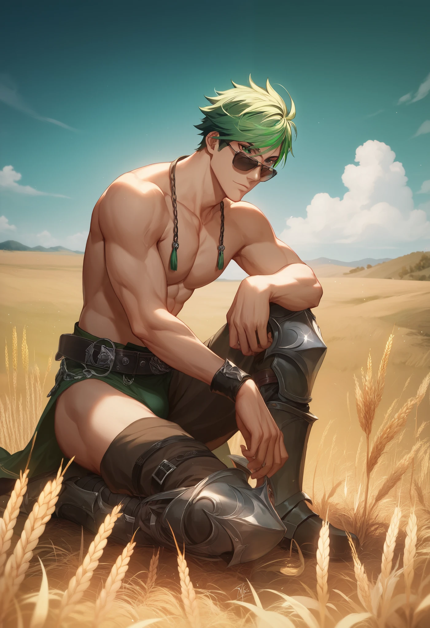 (masterpiece, best quality), 1boy, wearing micro thong, full mast, erect bulge, see-through thong , mushroom water world, wide angle, athletic body, male, iridescent skin, flat chest, silver eyes, green hair styled in spikes, determined expression, bioluminescent lighting, small waist, broad chest, big mane, slim scruffy, muscular , illustration, watercolor ink sketch, (best quality)), intricate detailed,solo, masterpiece,