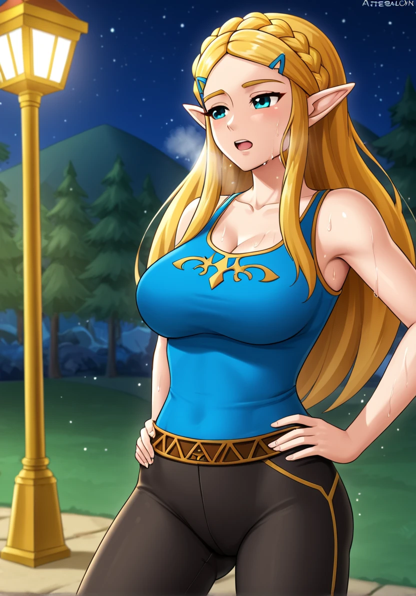 masterpiece, best quality, highres, aazelda, Princess_Zelda, long hair, crown braid, hairclip, pointy ears, blue tanktop,, black pants with yellow stripes, tight pants, night, standing, cowboy shot, outdoors, hands on hip, open mouth, out of breath, sweaty, sweating, exhuasted, tired exporession, sexy