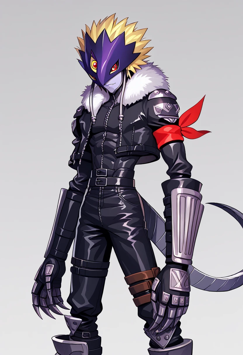 Beelzebumon, 1boy, digimon \(creature\), dark purple mask, black mask cable, red eyes, yellow sclera, spiky hair, blonde hair, short hair, colored skin, lavender gray skin, third eye, black cropped jacket, white fur-trimmed jacket, black gloves, claws, black tight shirt, red arm ribbon, gauntlets, shoulder pads, multiple black belts, metal tail, black knee boots, brown thigh belt, back cable, perfect anatomy, solo, (insanely detailed, beautiful detailed face, masterpiece, best quality), (sharp), score_9, score_8_up, score_7_up, score_6_up, highest quality, 8K, RAW photo, source_anime, perfect face, perfect hands, vibrant colors, upper_body